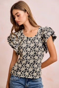 BiBi Floral Jacquard Ruffle Sleeves Knit Top - Desert Sunday