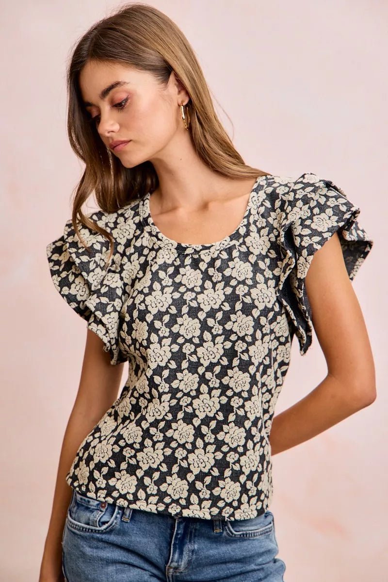 BiBi Floral Jacquard Ruffle Sleeves Knit Top - Desert Sunday