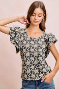 BiBi Floral Jacquard Ruffle Sleeves Knit Top - Desert Sunday