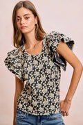 BiBi Floral Jacquard Ruffle Sleeves Knit Top - Desert Sunday