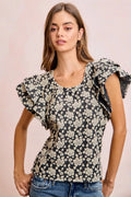 BiBi Floral Jacquard Ruffle Sleeves Knit Top - Desert Sunday