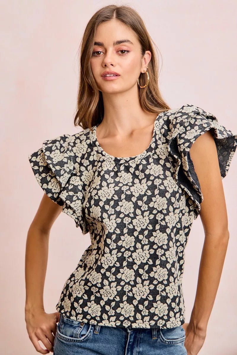 BiBi Floral Jacquard Ruffle Sleeves Knit Top - Desert Sunday