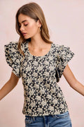 BiBi Floral Jacquard Ruffle Sleeves Knit Top - Desert Sunday