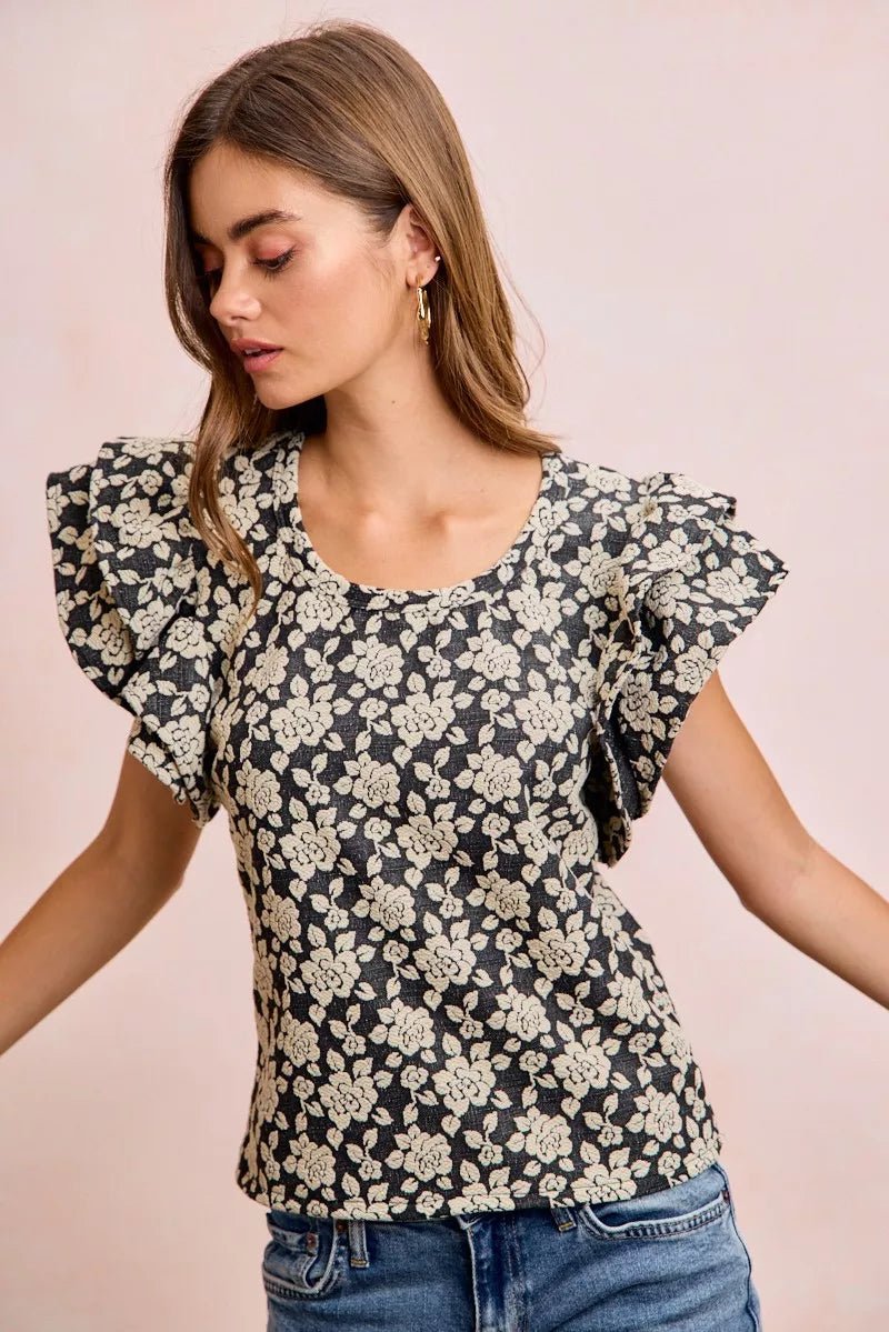 BiBi Floral Jacquard Ruffle Sleeves Knit Top - Desert Sunday