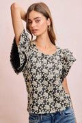 BiBi Floral Jacquard Ruffle Sleeves Knit Top - Desert Sunday