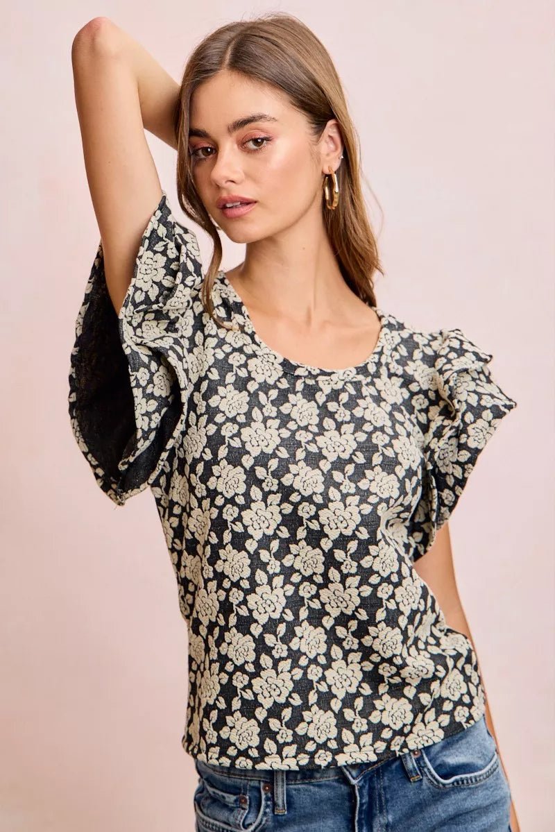 BiBi Floral Jacquard Ruffle Sleeves Knit Top - Desert Sunday