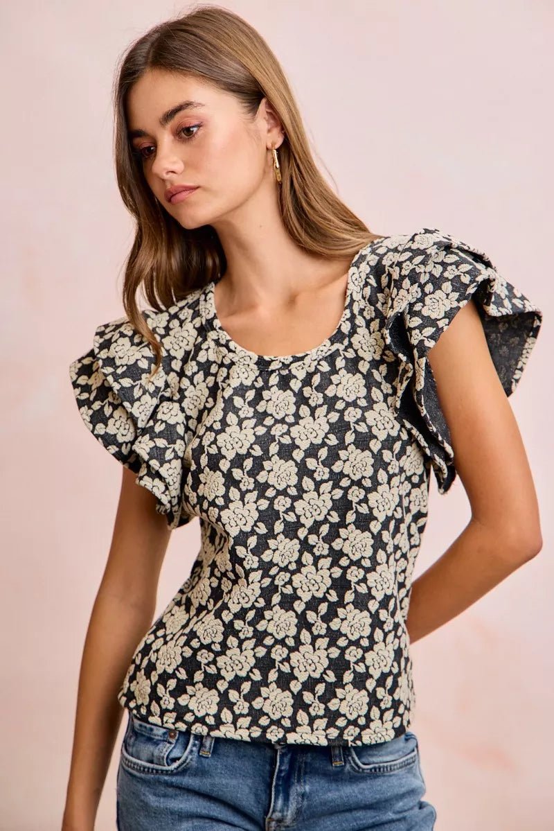 BiBi Floral Jacquard Ruffle Sleeves Knit Top - Desert Sunday