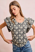 BiBi Floral Jacquard Ruffle Sleeves Knit Top - Desert Sunday