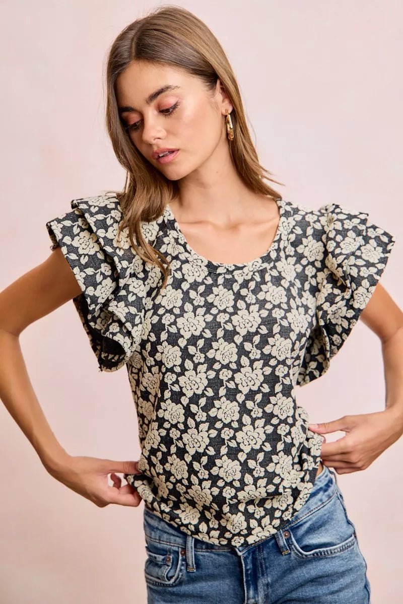 BiBi Floral Jacquard Ruffle Sleeves Knit Top - Desert Sunday