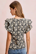 BiBi Floral Jacquard Ruffle Sleeves Knit Top - Desert Sunday