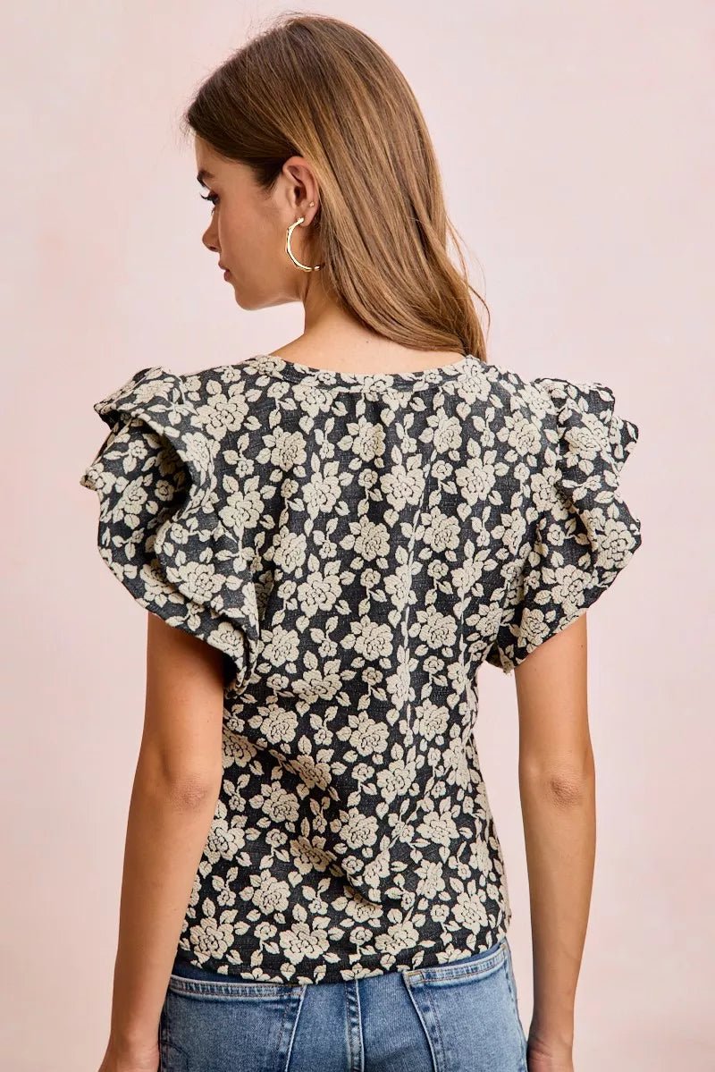 BiBi Floral Jacquard Ruffle Sleeves Knit Top - Desert Sunday