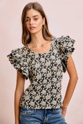 BiBi Floral Jacquard Ruffle Sleeves Knit Top - Desert Sunday