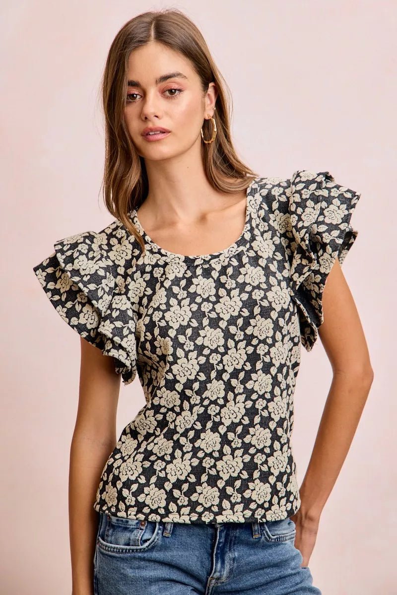 BiBi Floral Jacquard Ruffle Sleeves Knit Top - Desert Sunday