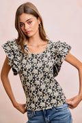 BiBi Floral Jacquard Ruffle Sleeves Knit Top - Desert Sunday