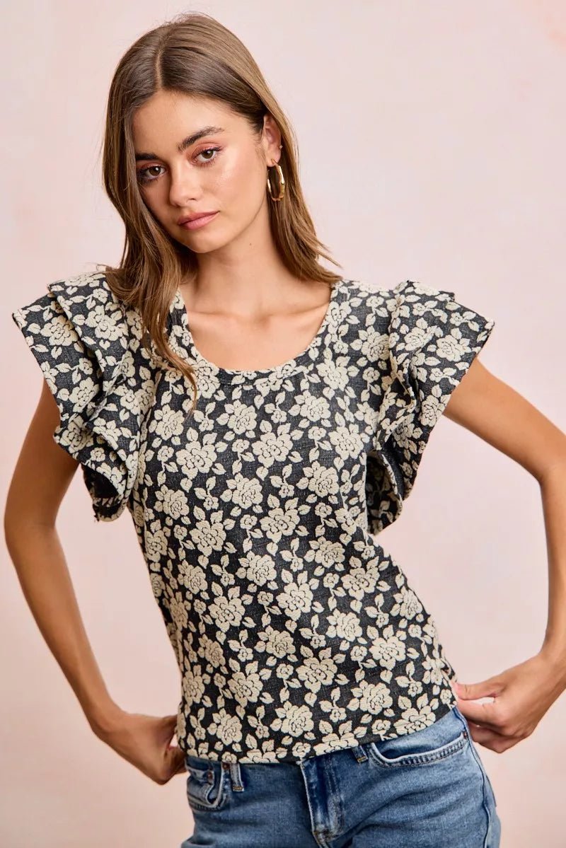 BiBi Floral Jacquard Ruffle Sleeves Knit Top - Desert Sunday