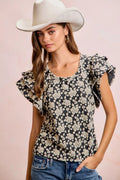 BiBi Floral Jacquard Ruffle Sleeves Knit Top - Desert Sunday