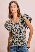 BiBi Floral Jacquard Ruffle Sleeves Knit Top - Desert Sunday