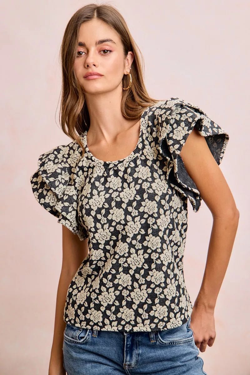 BiBi Floral Jacquard Ruffle Sleeves Knit Top - Desert Sunday