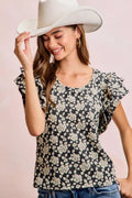 BiBi Floral Jacquard Ruffle Sleeves Knit Top - Desert Sunday