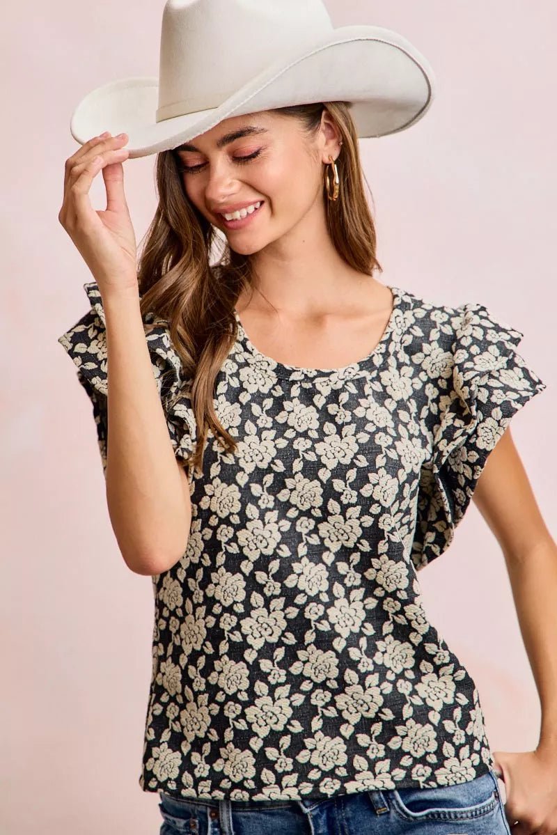 BiBi Floral Jacquard Ruffle Sleeves Knit Top - Desert Sunday