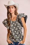 BiBi Floral Jacquard Ruffle Sleeves Knit Top - Desert Sunday