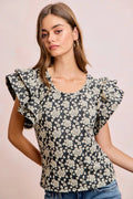 BiBi Floral Jacquard Ruffle Sleeves Knit Top - Desert Sunday