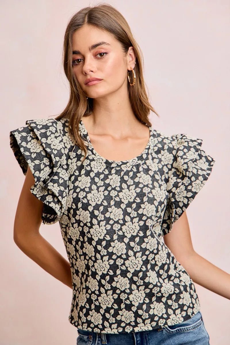 BiBi Floral Jacquard Ruffle Sleeves Knit Top - Desert Sunday