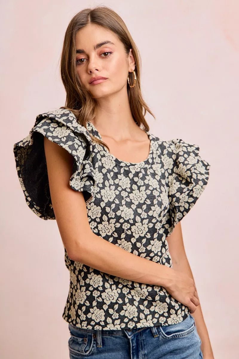 BiBi Floral Jacquard Ruffle Sleeves Knit Top - Desert Sunday