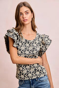 BiBi Floral Jacquard Ruffle Sleeves Knit Top - Desert Sunday