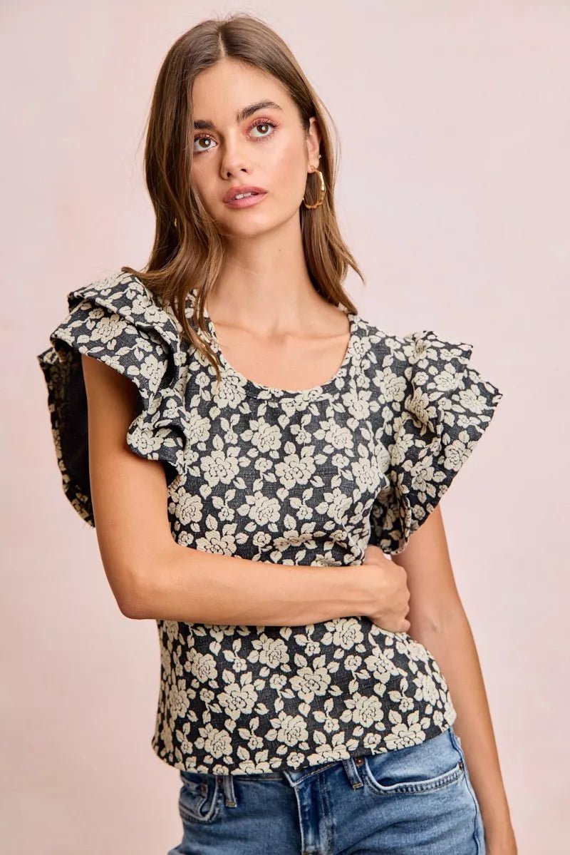 BiBi Floral Jacquard Ruffle Sleeves Knit Top - Desert Sunday