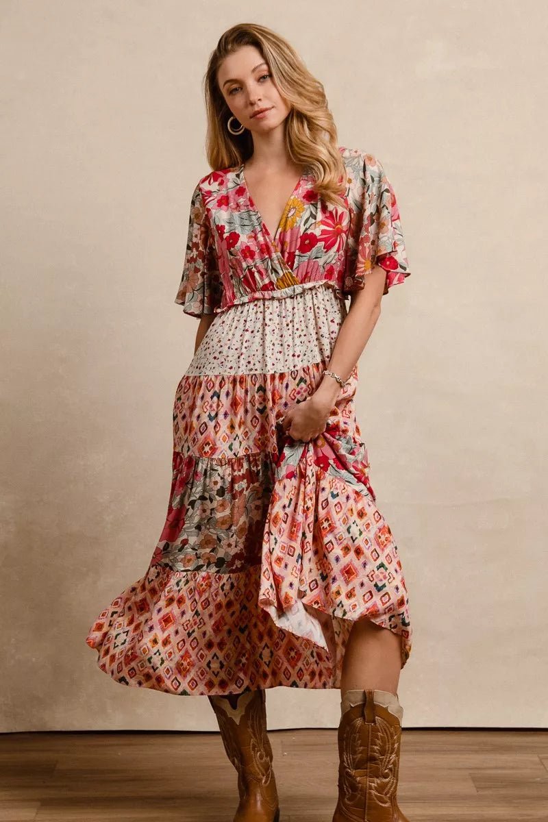 BiBi Floral Print Mix and Match Midi Dress - Desert Sunday