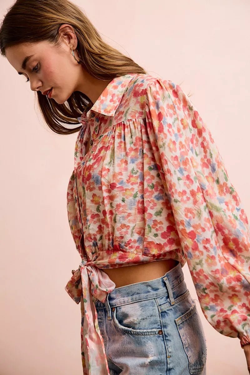 BiBi Floral Print Tie Hem Detail Crop Shirt - Desert Sunday