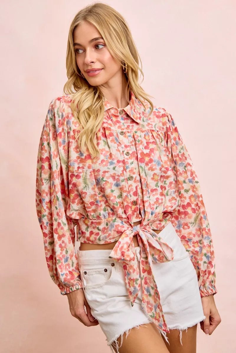 BiBi Floral Print Tie Hem Detail Crop Shirt - Desert Sunday