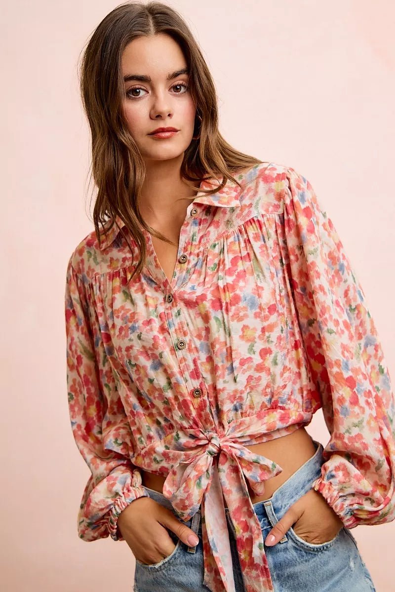 BiBi Floral Print Tie Hem Detail Crop Shirt - Desert Sunday