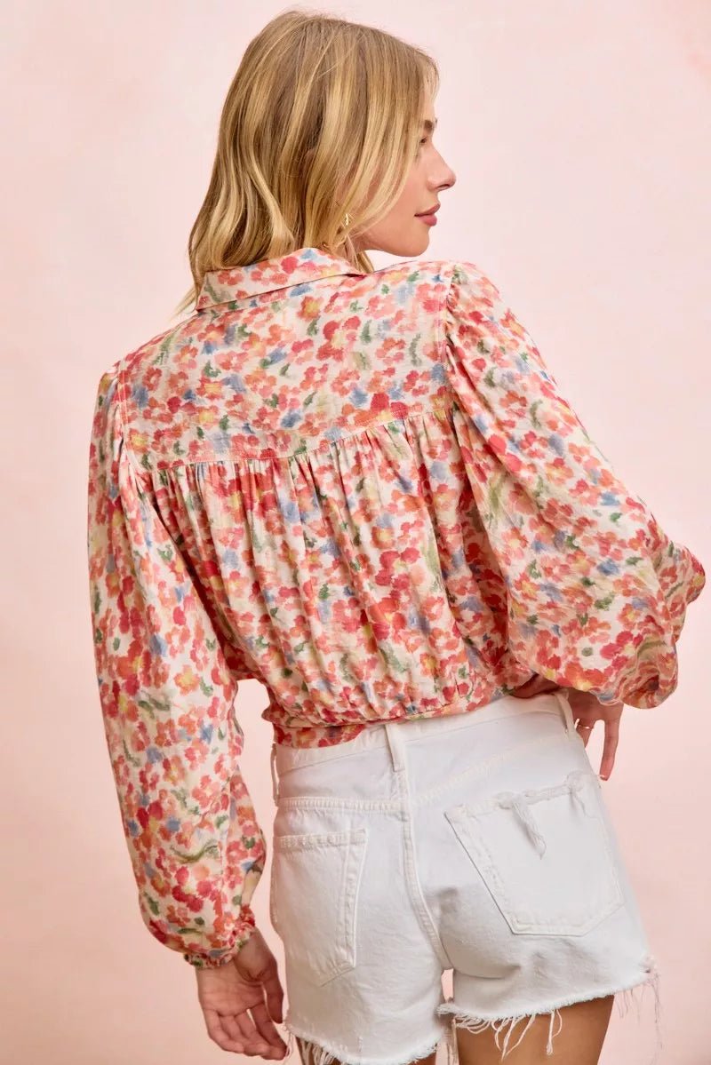 BiBi Floral Print Tie Hem Detail Crop Shirt - Desert Sunday