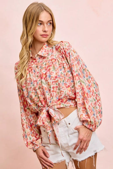 BiBi Floral Print Tie Hem Detail Crop Shirt - Desert Sunday