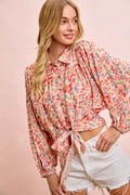 BiBi Floral Print Tie Hem Detail Crop Shirt - Desert Sunday