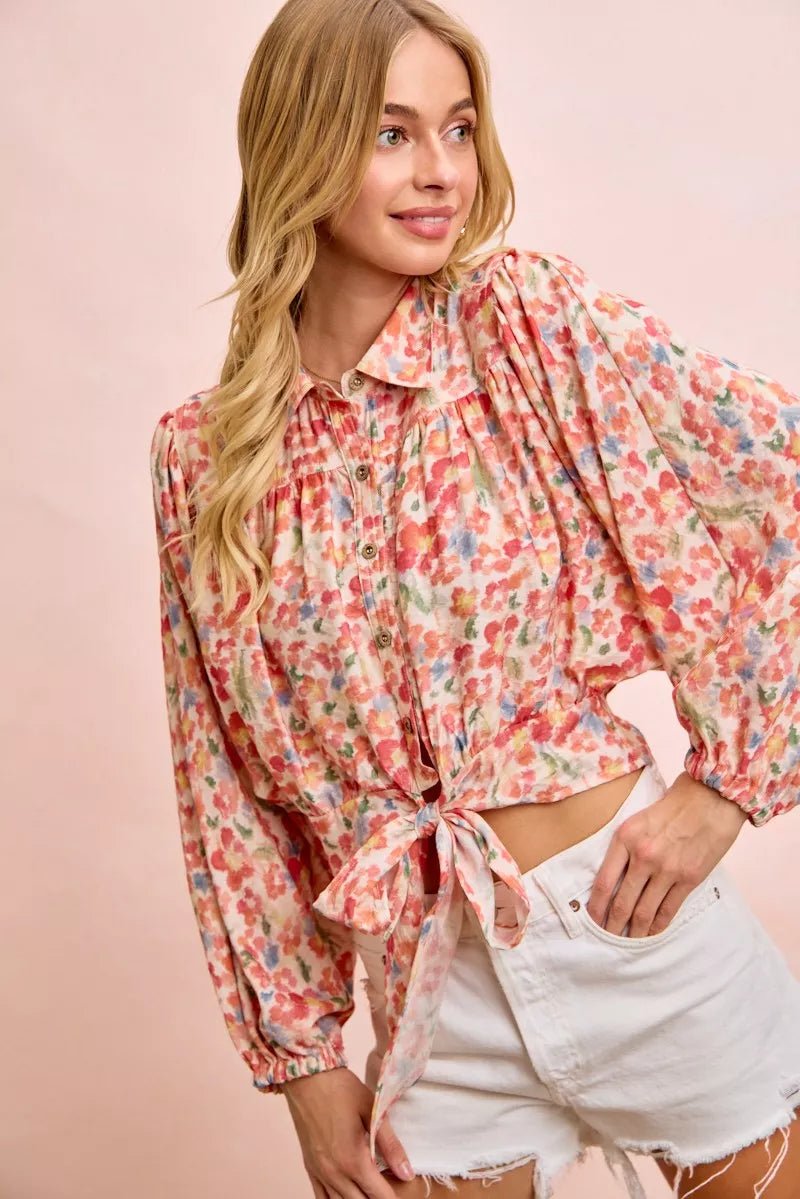 BiBi Floral Print Tie Hem Detail Crop Shirt - Desert Sunday