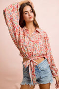 BiBi Floral Print Tie Hem Detail Crop Shirt - Desert Sunday