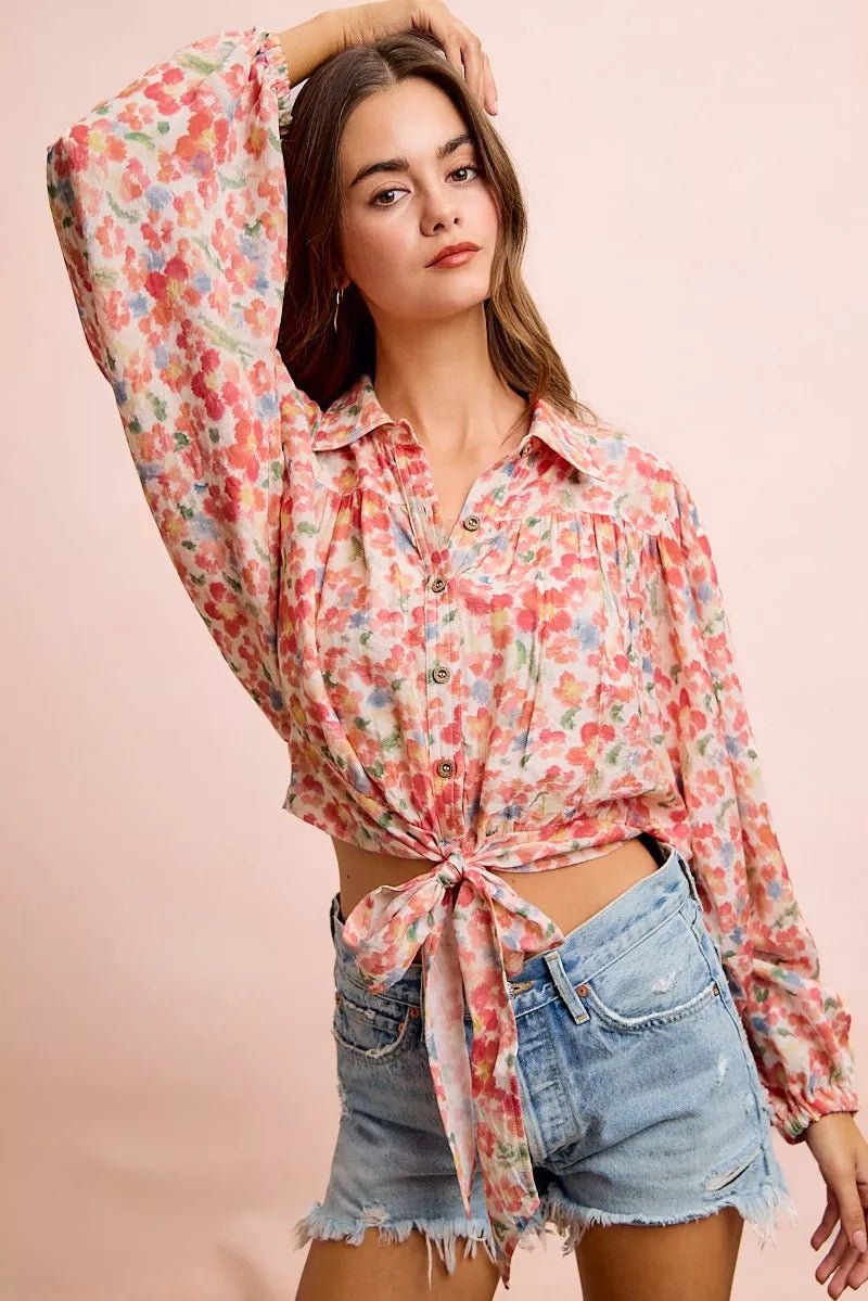 BiBi Floral Print Tie Hem Detail Crop Shirt - Desert Sunday