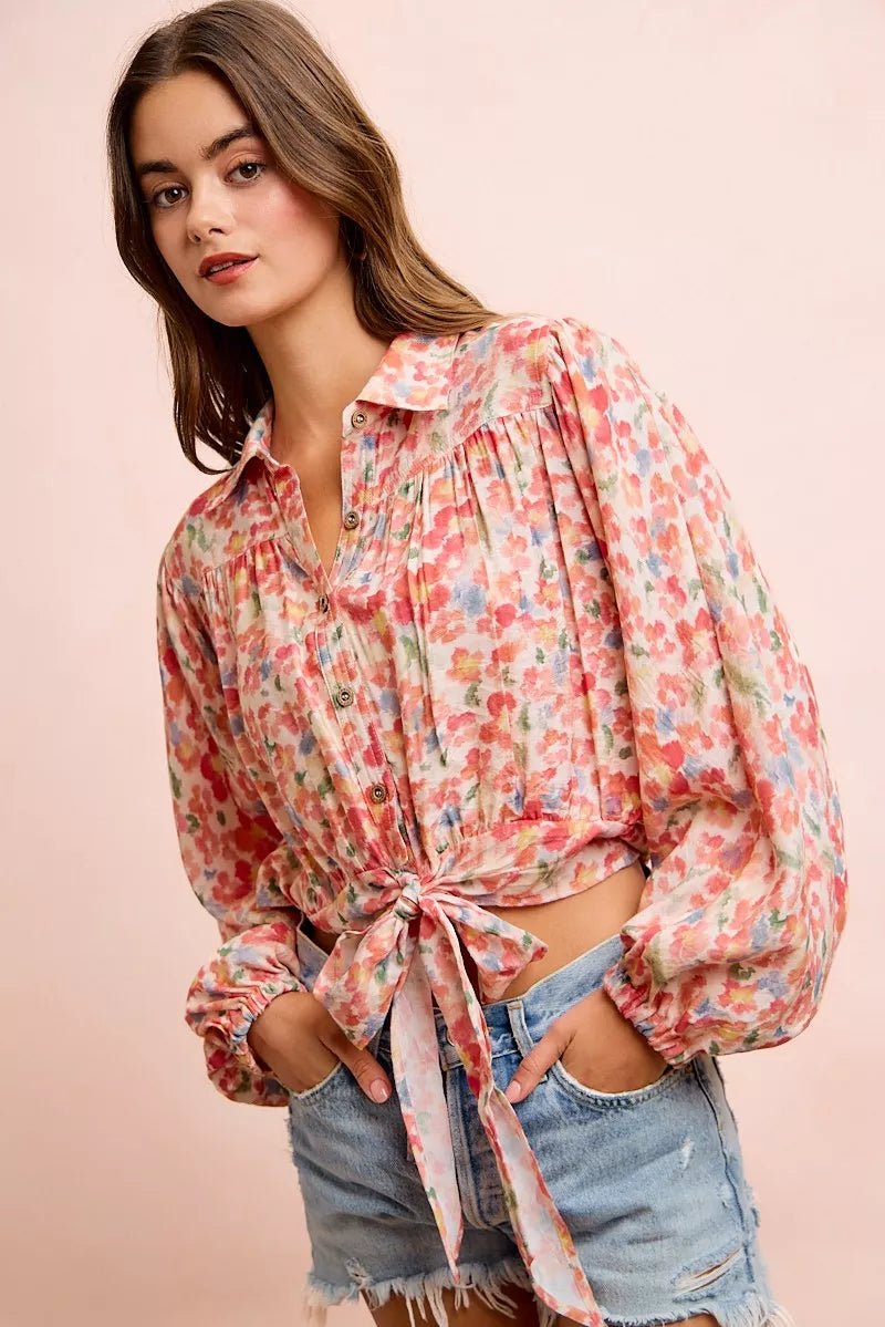 BiBi Floral Print Tie Hem Detail Crop Shirt - Desert Sunday