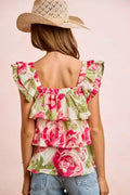BiBi Floral Print Woven Bow Tie Ruffle Square Neck Top - Desert Sunday