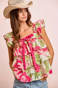 BiBi Floral Print Woven Bow Tie Ruffle Square Neck Top - Desert Sunday