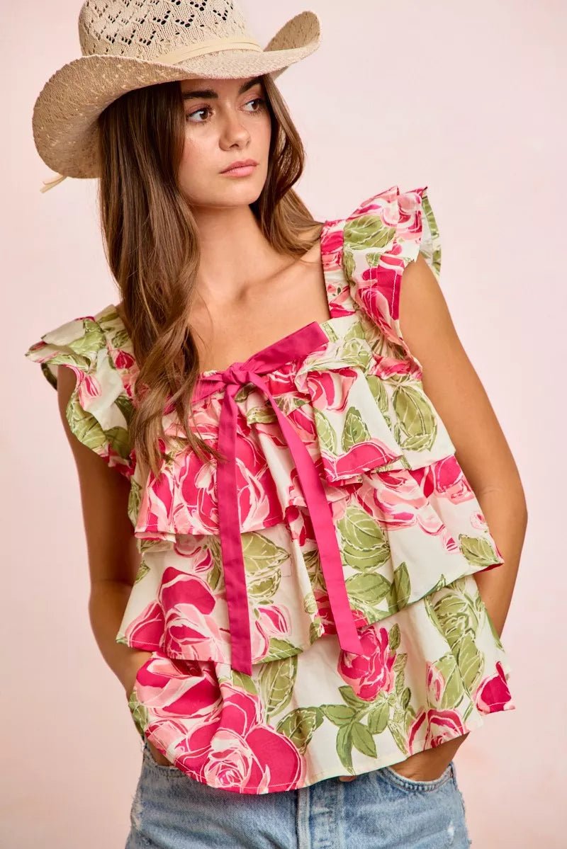 BiBi Floral Print Woven Bow Tie Ruffle Square Neck Top - Desert Sunday