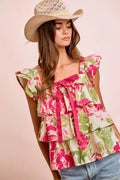 BiBi Floral Print Woven Bow Tie Ruffle Square Neck Top - Desert Sunday
