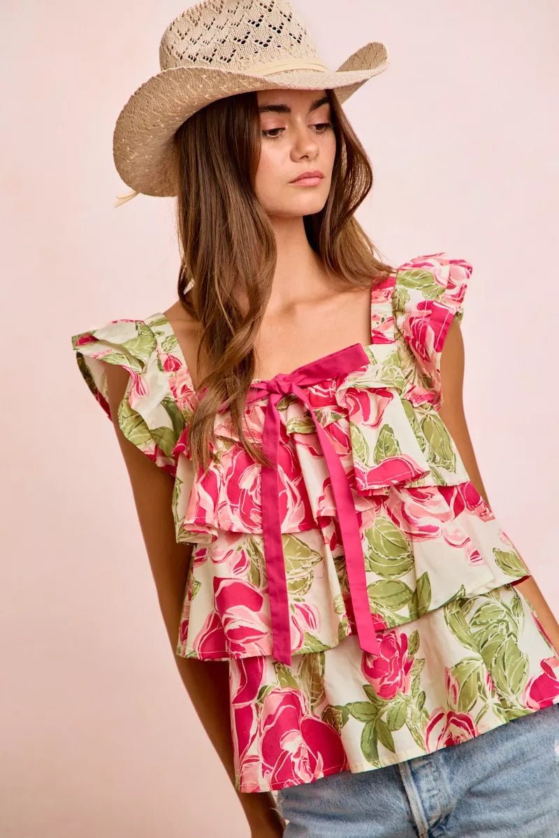 BiBi Floral Print Woven Bow Tie Ruffle Square Neck Top - Desert Sunday