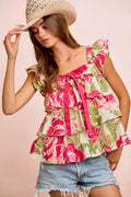 BiBi Floral Print Woven Bow Tie Ruffle Square Neck Top - Desert Sunday
