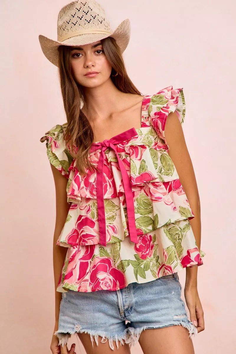 BiBi Floral Print Woven Bow Tie Ruffle Square Neck Top - Desert Sunday