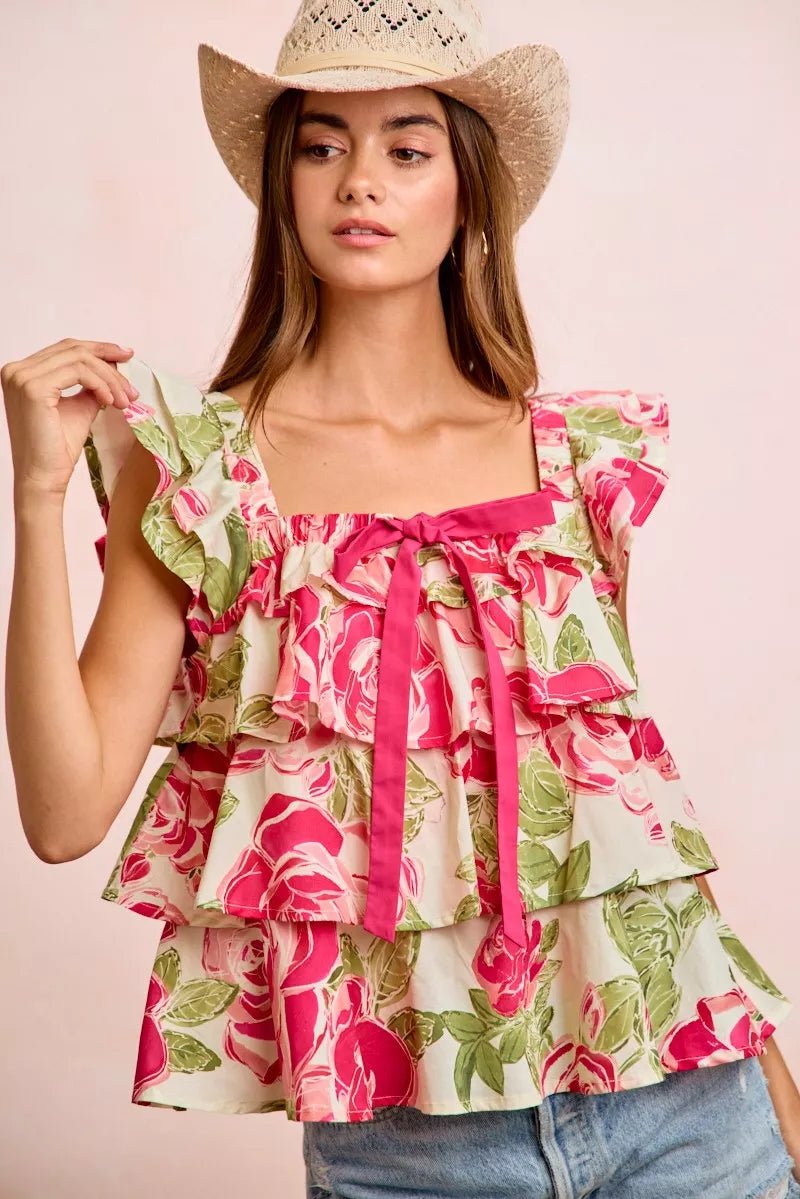 BiBi Floral Print Woven Bow Tie Ruffle Square Neck Top - Desert Sunday