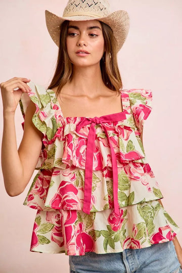 BiBi Floral Print Woven Bow Tie Ruffle Square Neck Top - Desert Sunday